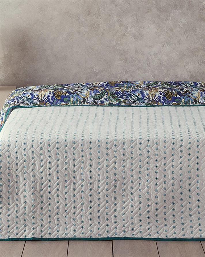 Cuvertura pat reversibila pentru doua persoane, Floral Charm, poliester, 200x220 cm, bleu