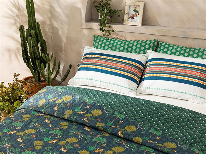 Cuvertura Pat Reversibila Pentru O Persoana, Wild Wood, Poliester, 160x220 Cm, Albastru Petrol-Verde