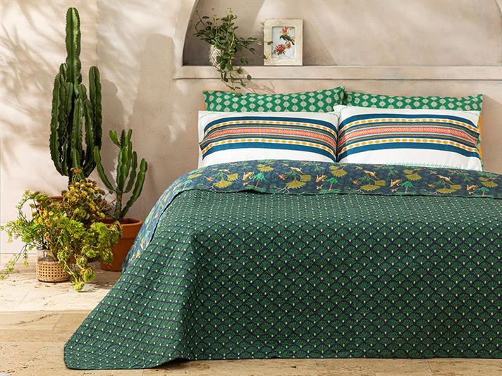 Cuvertura Pat Reversibila Pentru O Persoana, Wild Wood, Poliester, 160x220 Cm, Albastru Petrol-Verde