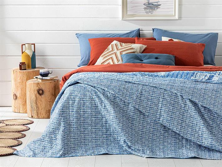 Cuvertura pat reversibila pentru o persoana, Coastal Patch, poliester, 160x220 cm, bleu