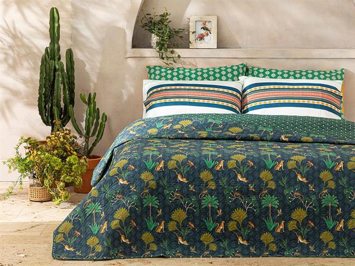 Cuvertura Pat Reversibila Pentru O Persoana, Wild Wood, Poliester, 160x220 Cm, Albastru Petrol-Verde