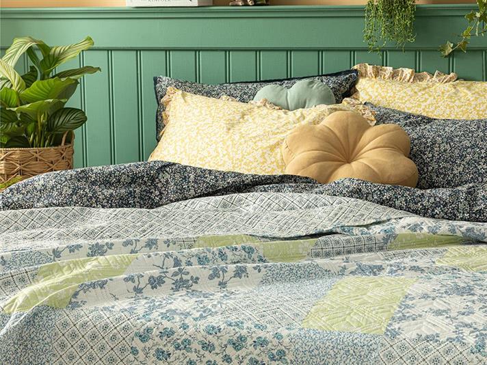 Cuvertura pat reversibila pentru o persoana, Vintage Patch, poliester, 160x220 cm, bleu