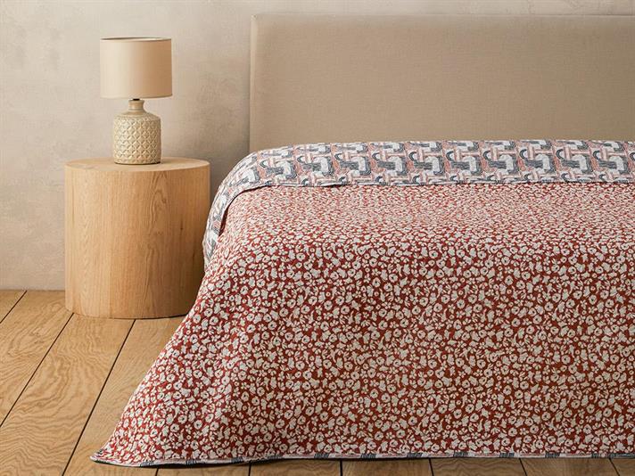 Cuvertura pat reversibila pentru o persoana, Flowery Modern, poliester, 160x220 cm, terracotta
