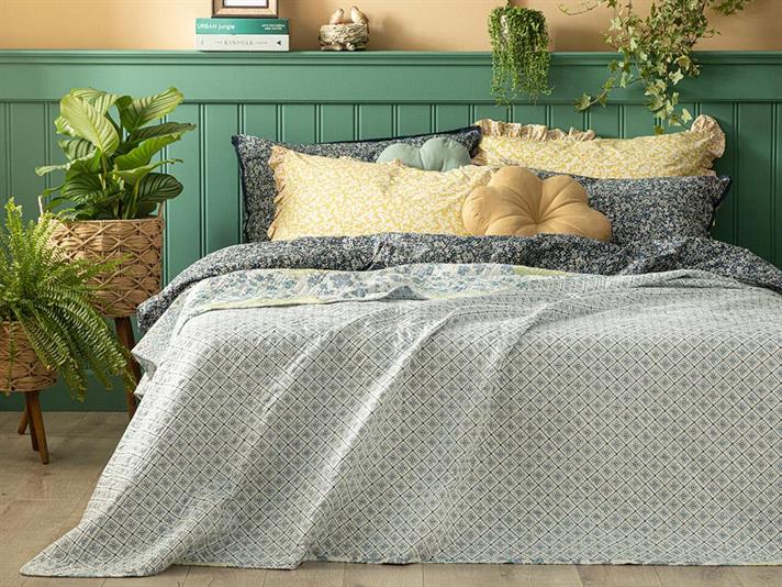 Cuvertura pat reversibila pentru o persoana, Vintage Patch, poliester, 160x220 cm, bleu