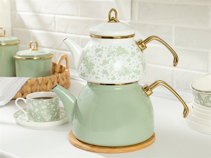 Dande Enamel Tea Pot 1,1 Litre + 2,3 Litre White-Green