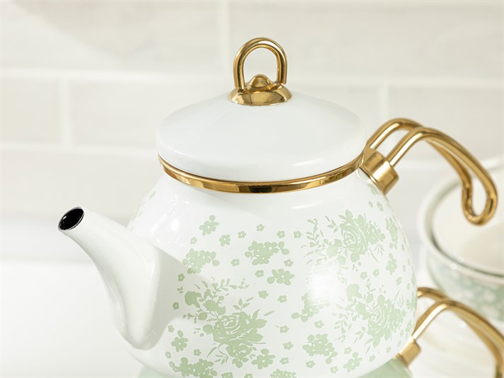 Dande Enamel Tea Pot 1,1 Litre + 2,3 Litre White-Green
