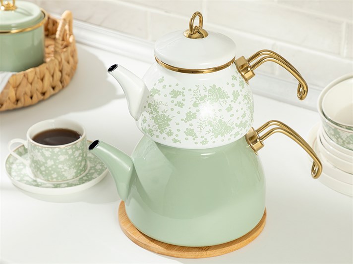 Dande Enamel Tea Pot 1,1 Litre + 2,3 Litre White-Green