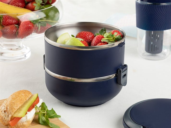 Basic Stainless Steel 2 Pcs Leak-proof Lunch Box 1.5 L Navy Blue