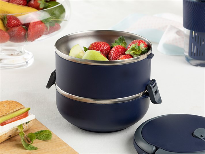 Basic Stainless Steel 2 Pcs Leak-proof Lunch Box 1.5 L Navy Blue