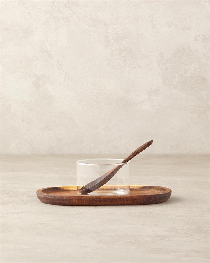 Bol servire gustare cu lingura si suport din lemn, Wooden, sticla, 20 cm, maro