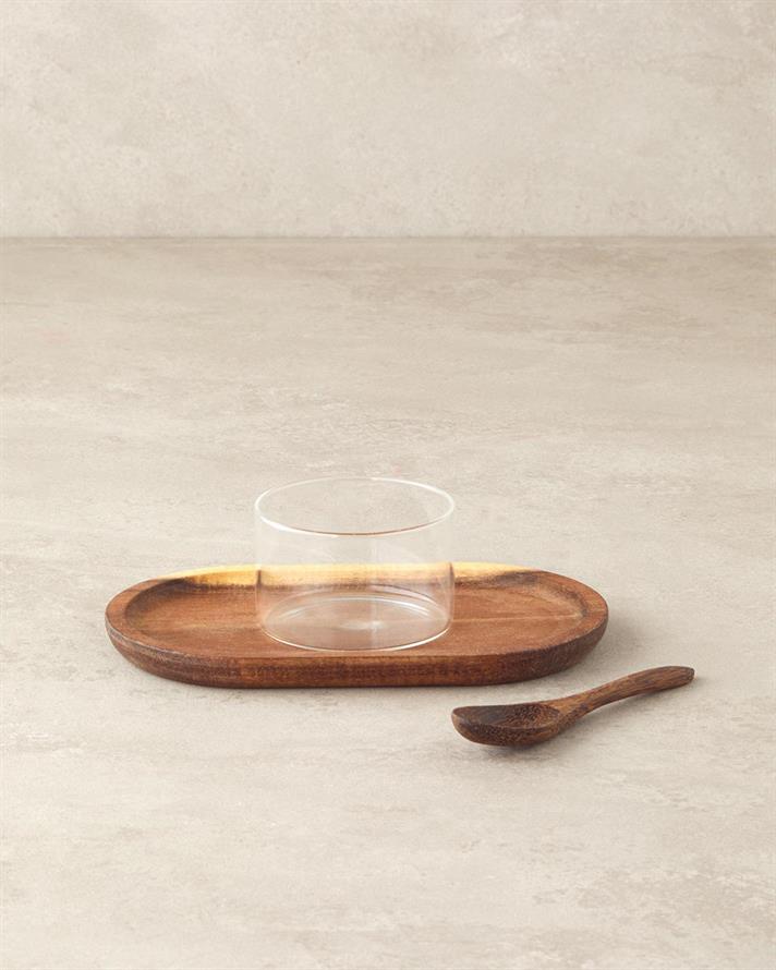 Bol servire gustare cu lingura si suport din lemn, Wooden, sticla, 20 cm, maro