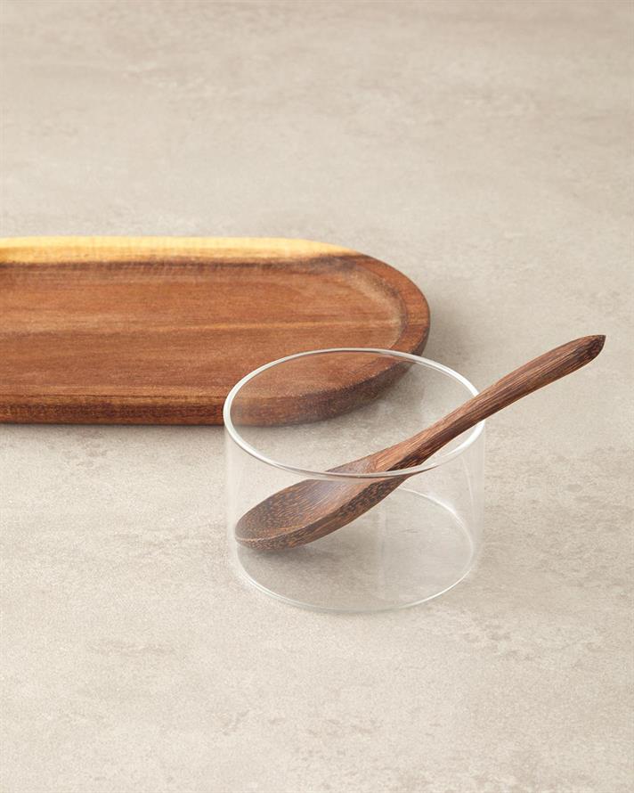 Bol servire gustare cu lingura si suport din lemn, Wooden, sticla, 20 cm, maro
