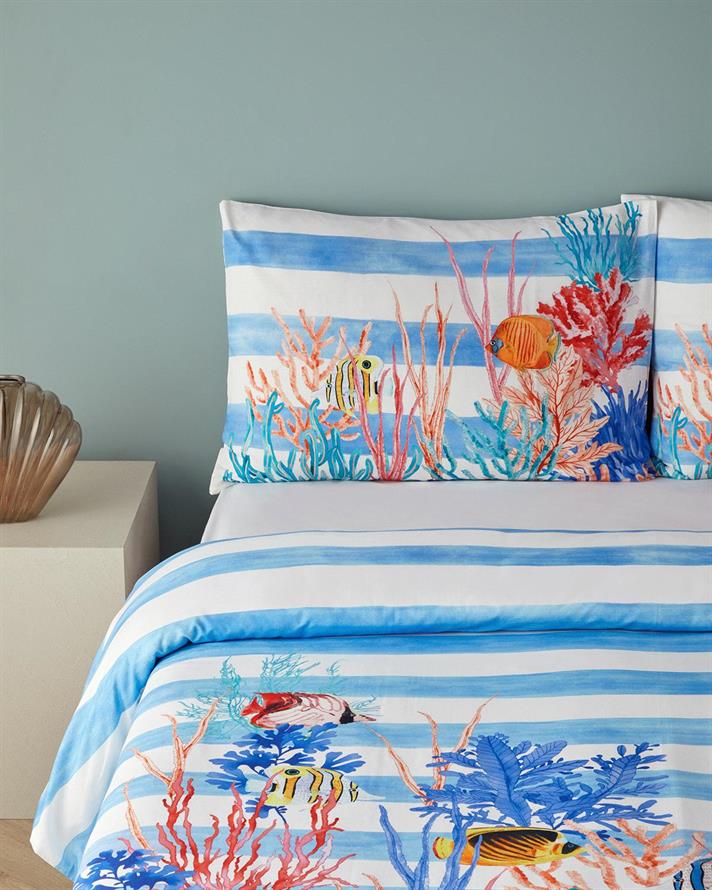 Set husa de pilota cu fete de perna, King Size, Deep Ocean, bumbac-viscoza, 240x220 cm/50x70 cm, bleu