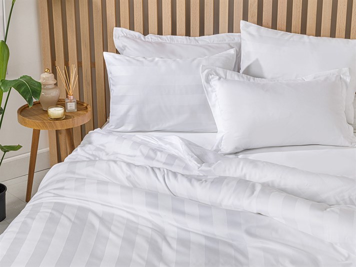 Deluxe Bumbac Satinat Cu Dungi Super King Set Lenjerie De Pat 260x220 cm Alb