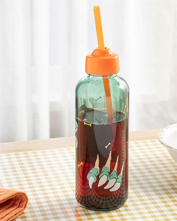Dinosaurs World Sticlă Pentru Copii Cu Pai, Sticlă, 450 Ml, Crem-Roșu