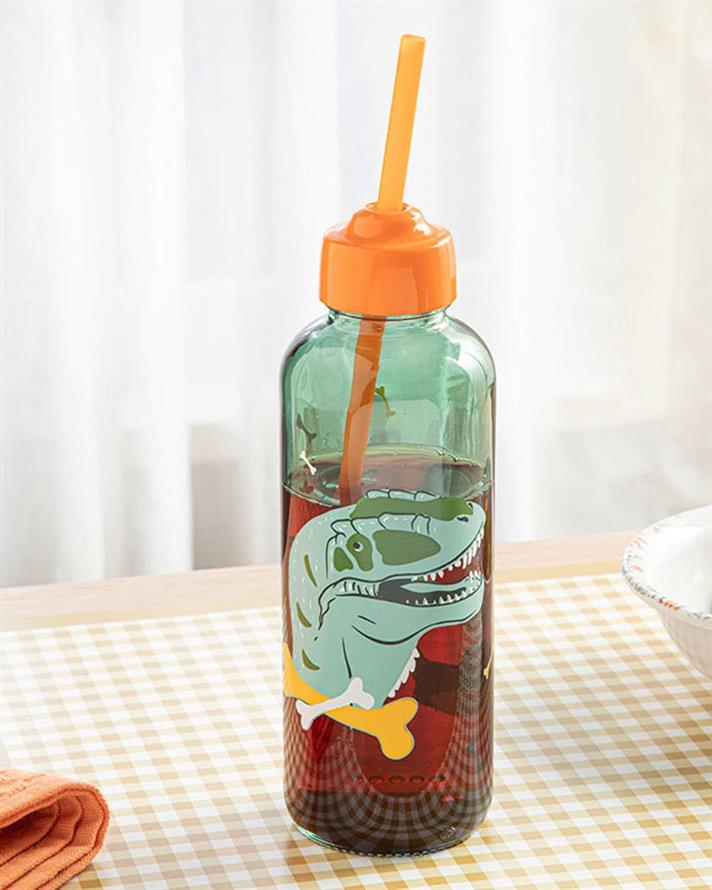 Dinosaurs World Sticlă Pentru Copii Cu Pai, Sticlă, 450 Ml, Crem-Roșu