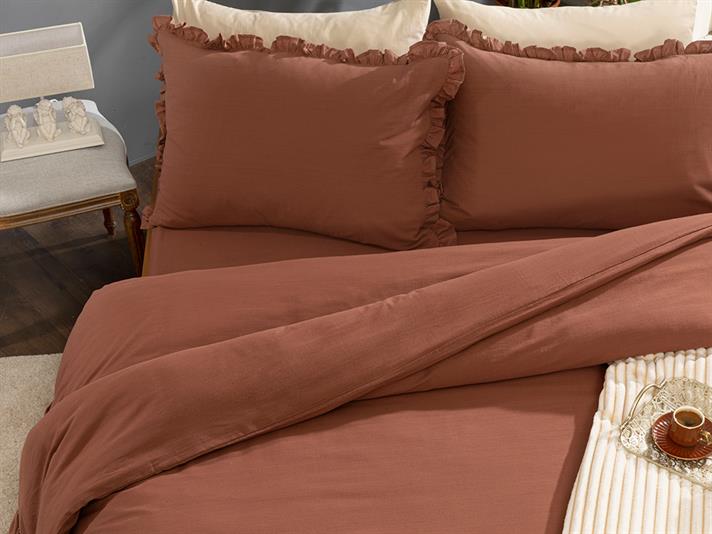 Donna Flambat Cu Volane Double Set Lenjerie De Pat 200x220 cm Cafeniu Roșiatic