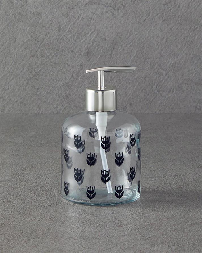 Dozator sapun lichid, Flower Dots, sticla, 8x14 cm, argintiu
