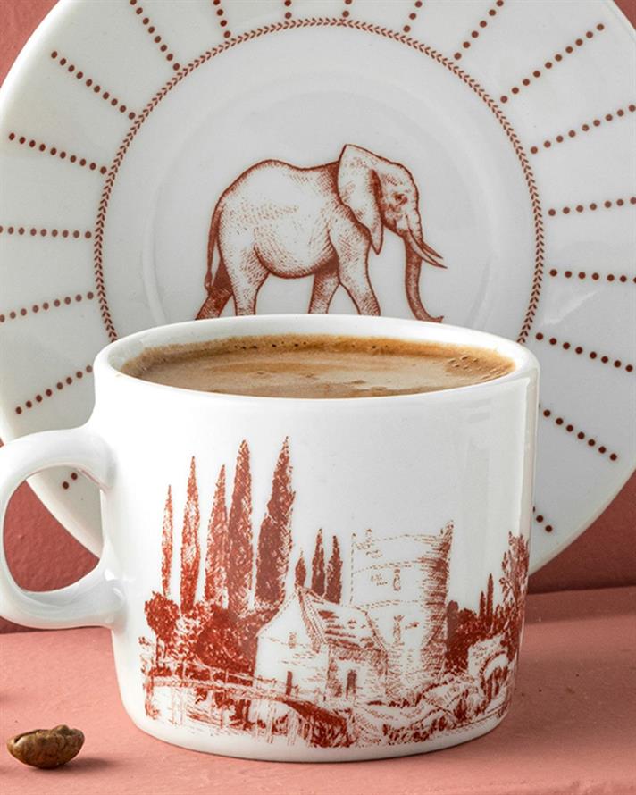 Elephant Porcelain 4 Pieces 2 Servings Coffee Cup Set 80 ml Maroon