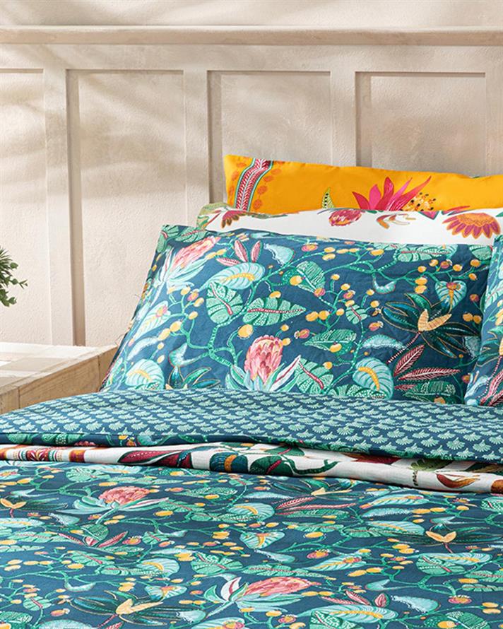 Exotic Garden, Set husă de pilotă cu 2 fețe de pernă, pat dublu, bumbac, 200x220 cm/ 50x70 cm, bleumarin