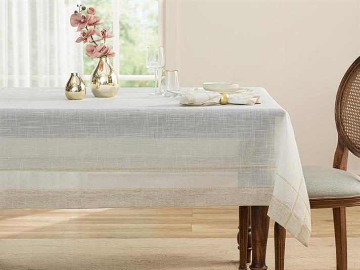 Față de masă, Luxe Linen Look, bumbac, 157x300 cm, alb – auriu
