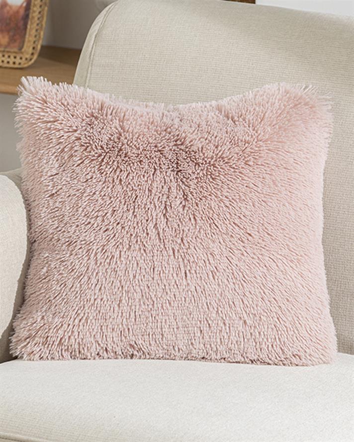 Față de pernă decorativă, Fluffy, blană artificială, 45x45 cm, roz pudră