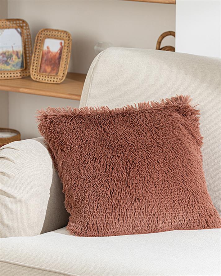 Față de pernă decorativă, Fluffy, blană artificială, 45x45 cm, roz închis