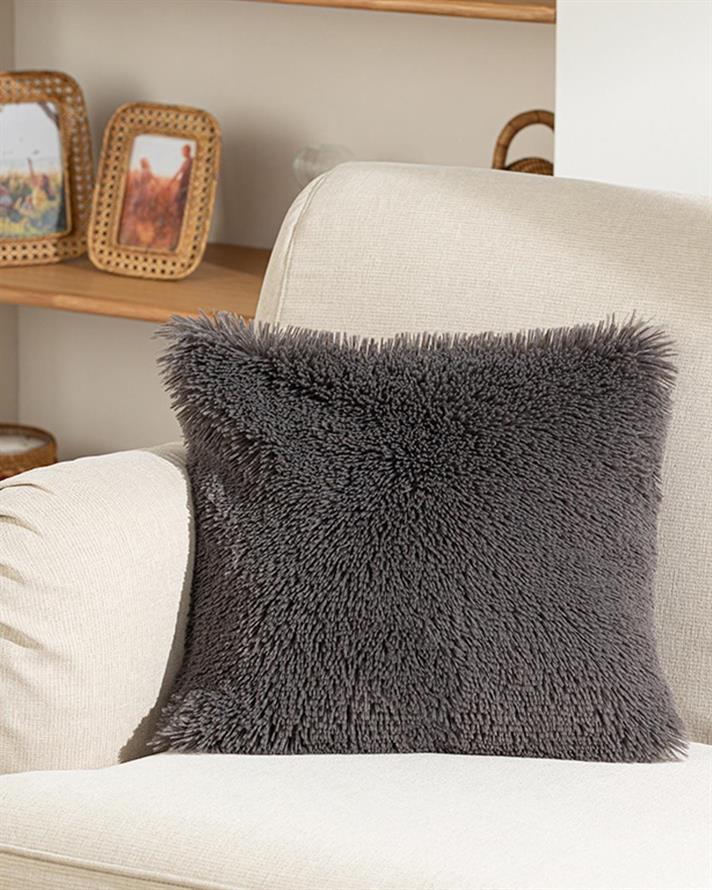 Față de pernă decorativă, Fluffy, blană artificială, 45x45 cm, antracit