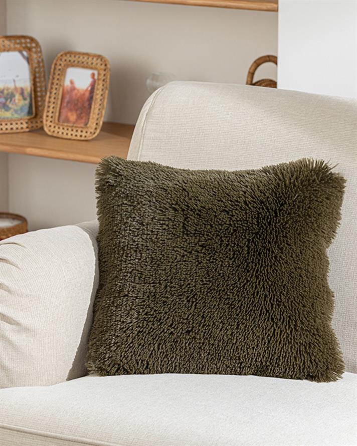 Față de pernă decorativă, Fluffy, blană artificială, 45x45 cm, kaki
