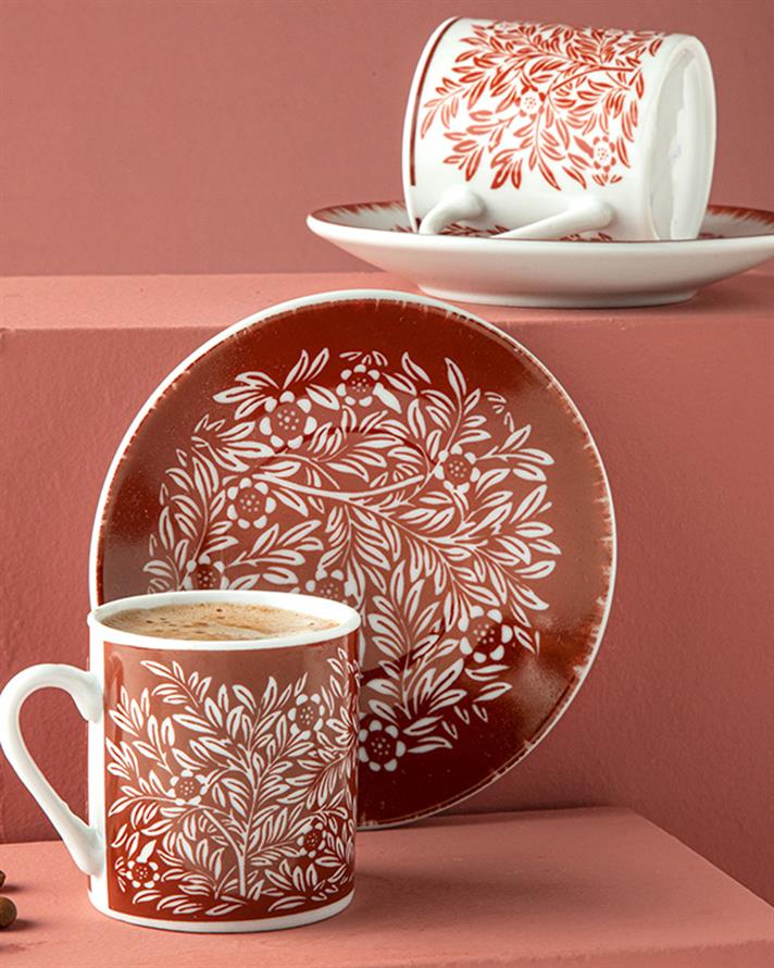 Fleuri Porcelain 4 Parça 2 Kişilik Coffee Cup Set 80 ml Claret Red