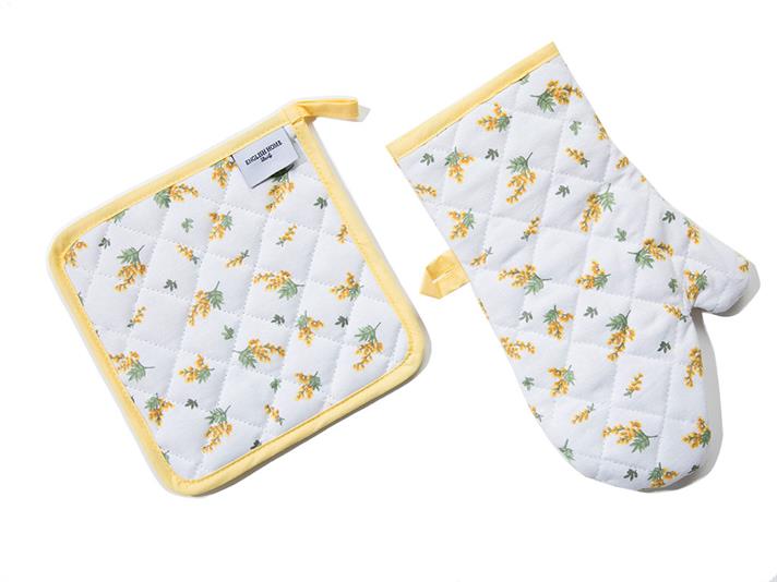Mimosa flower Printed 2 Pcs Set Kitchen Set White - Yellow