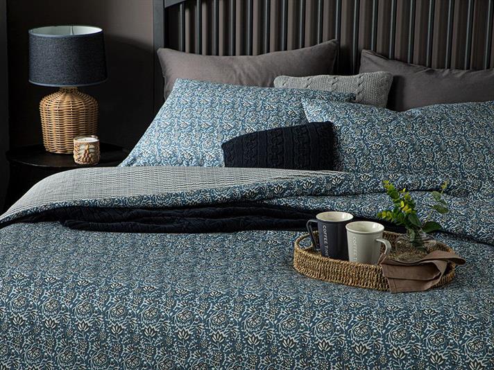 Lenjerie de pat completa, King Size, Floral Trail, bumbac, 240x220 cm/180x200 cm/50x70 cm, albastru