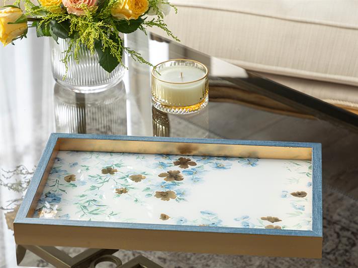 Tavă decorativă, Floret, sticlă, 22x37 cm, bleu