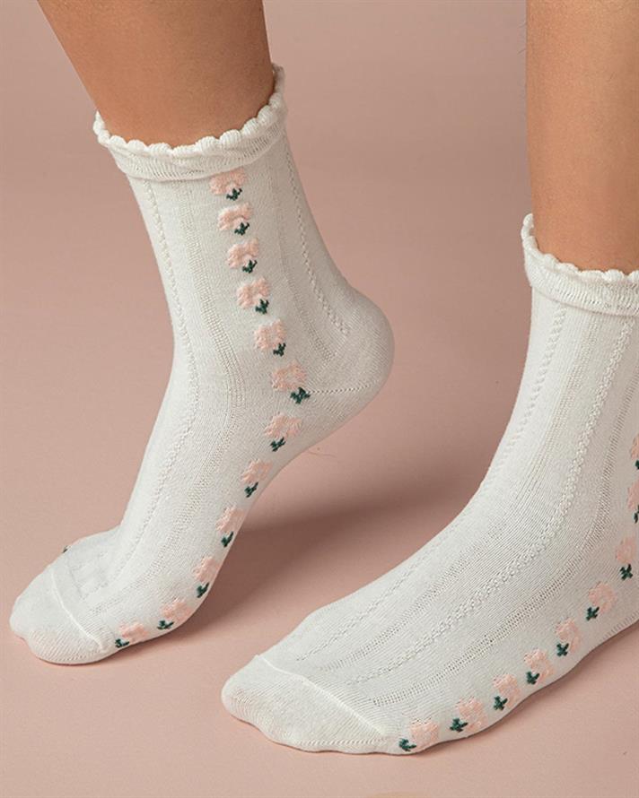 Small Flowers Cotton Women Long Length Sock 36-40 Pink.