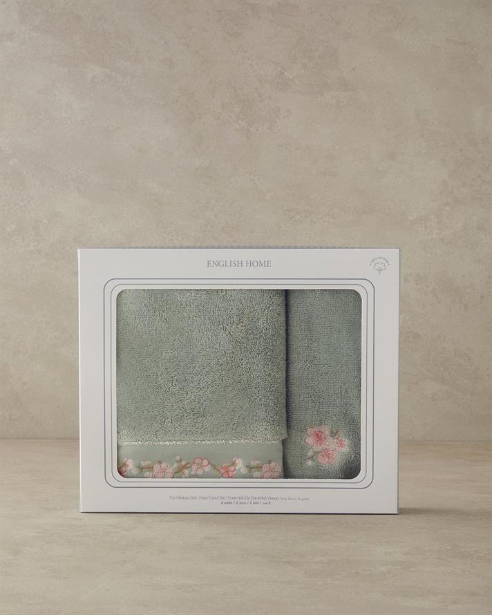 Flower Chain Cu Bumbac Brodat Set De Prosoape De Față 30x45+50x80 cm Verde Ca Apa