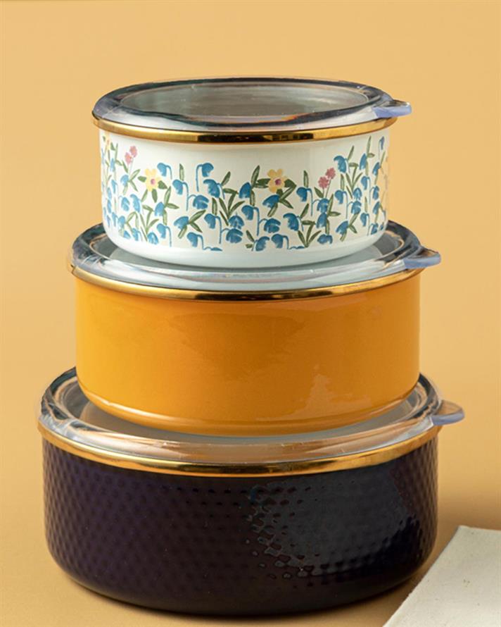 Flower Farm Enamel 3 Set Storage Box 12-14-16 cm Mustard - Indigo