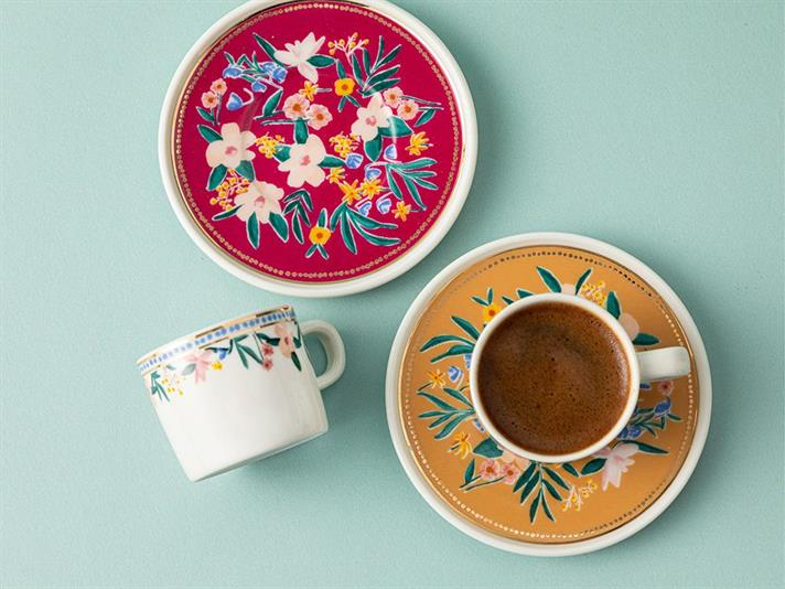 Flower Spree Porcelain 4 Parça 2 Kişilik Coffee Cup Set 90 ml Mustard-Pink