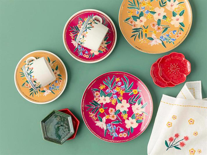 Flower Spree Porcelain 4 Parça 2 Kişilik Coffee Cup Set 90 ml Mustard-Pink