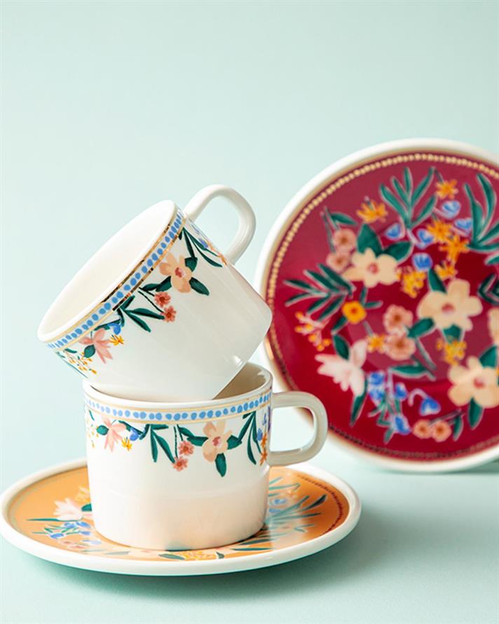 Flower Spree Set De Cești De Ceai 4 Bucăți Pentru 2 Persoane, Porțelan, 200 Ml, Verde Deschis-Verde Închis