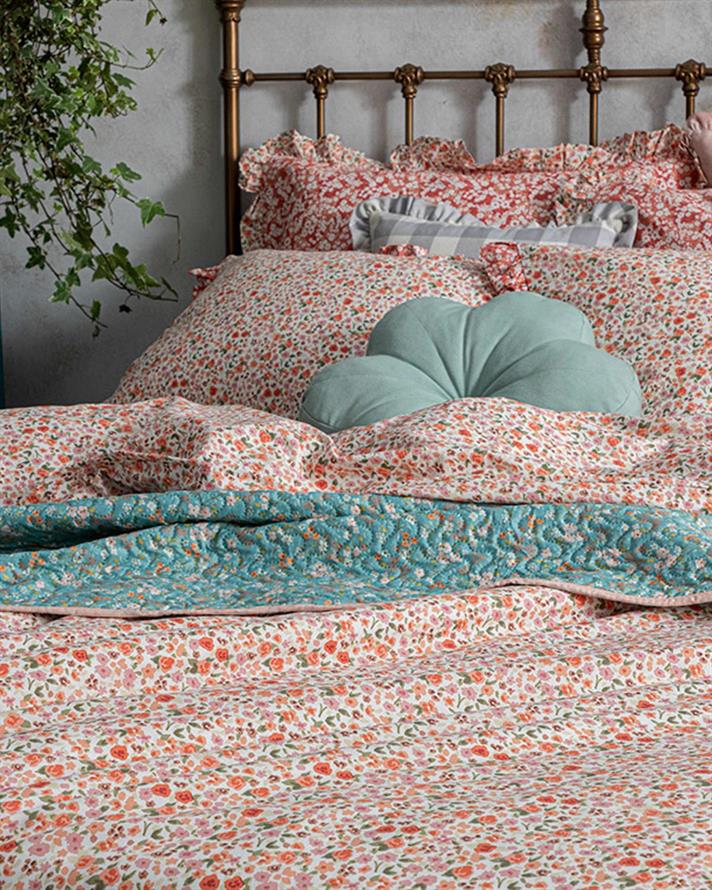 Floweret Cu Bumbac Single Set Lenjerie De Pat 160x220 cm Chihlimbar Roz