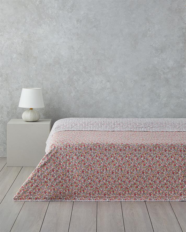 Cuvertura pat reversibila, pentru doua persoane, Flowers Melody, poliester, 200x220 cm, roz