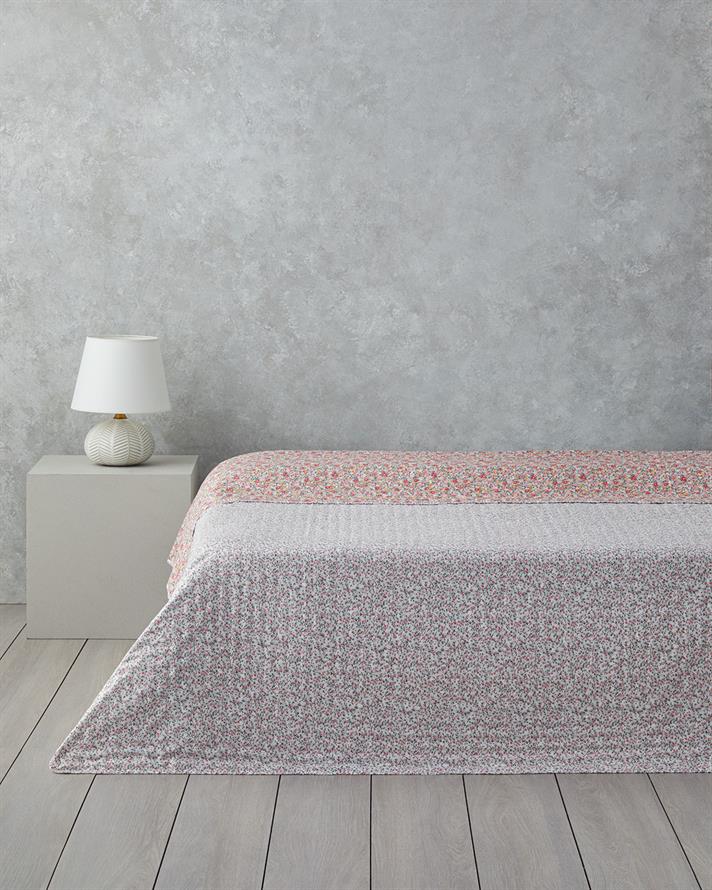 Cuvertura pat reversibila, pentru doua persoane, Flowers Melody, poliester, 200x220 cm, roz