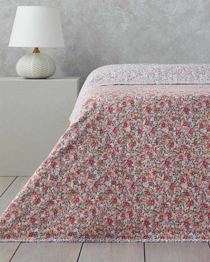 Cuvertura pat reversibila, pentru doua persoane, Flowers Melody, poliester, 200x220 cm, roz