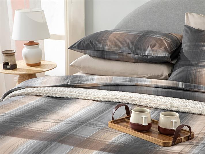 Flowing Plaid Cu Bumbac King Size Set Lenjerie De Pat 240x220 cm Antracit - Bej