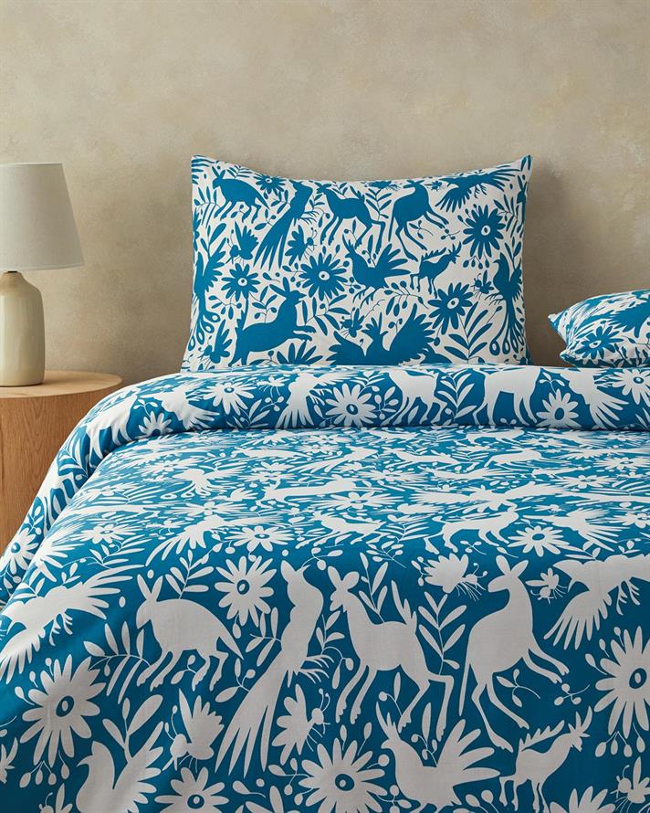 Folk Jungle Cu Bumbac Single Set Lenjerie De Pat 160x220 cm Albastru