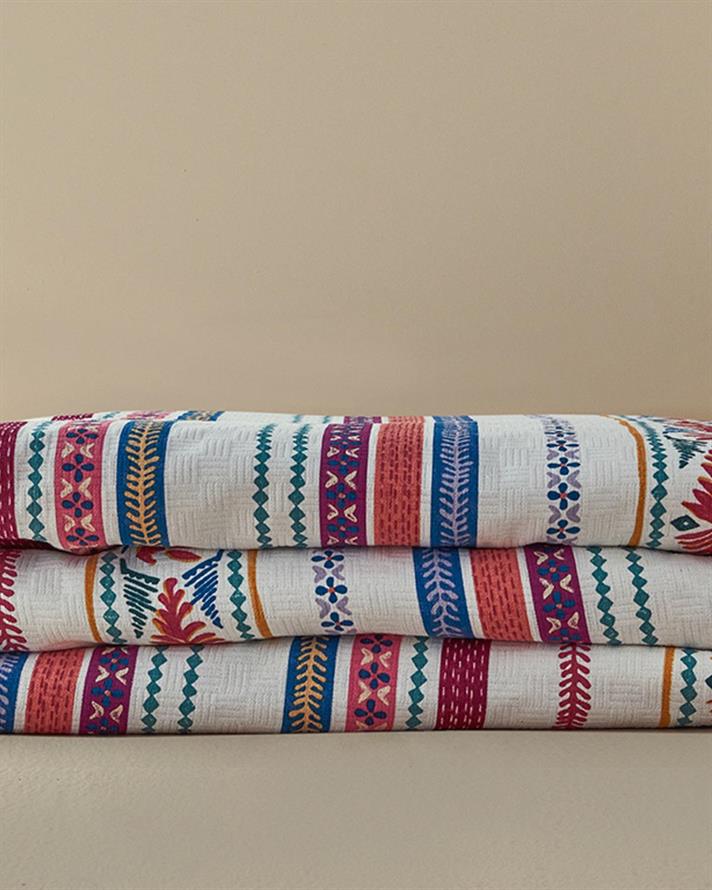 Patura subtire, pentru doua persoane, Folk Lines, bumbac, 200x220 cm, roz inchis