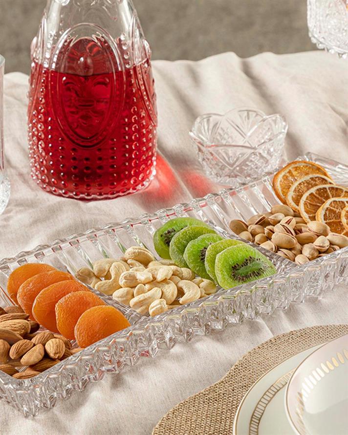 Platou servire gustari cu 3 compartimente, Gilan, sticla, 40 cm, transparent