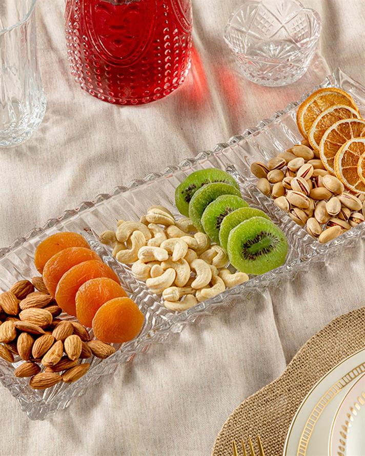 Platou servire gustari cu 3 compartimente, Gilan, sticla, 40 cm, transparent
