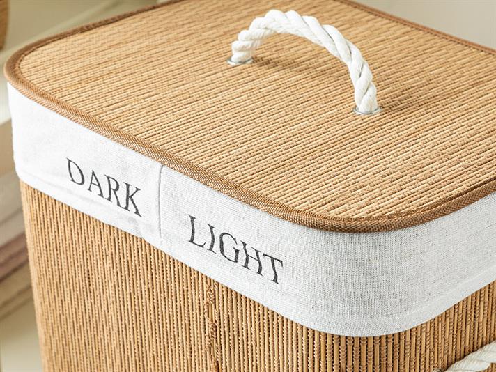 Cos de rufe pliabil cu doua compartimente, Gina, bambus, 40x30x60 cm, maro