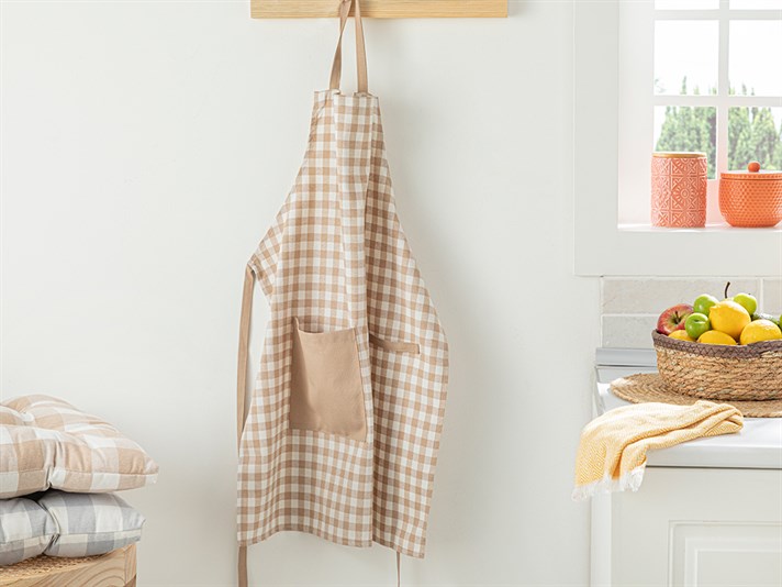 Gingham Cotton Polyester Kitchen Apron Beige